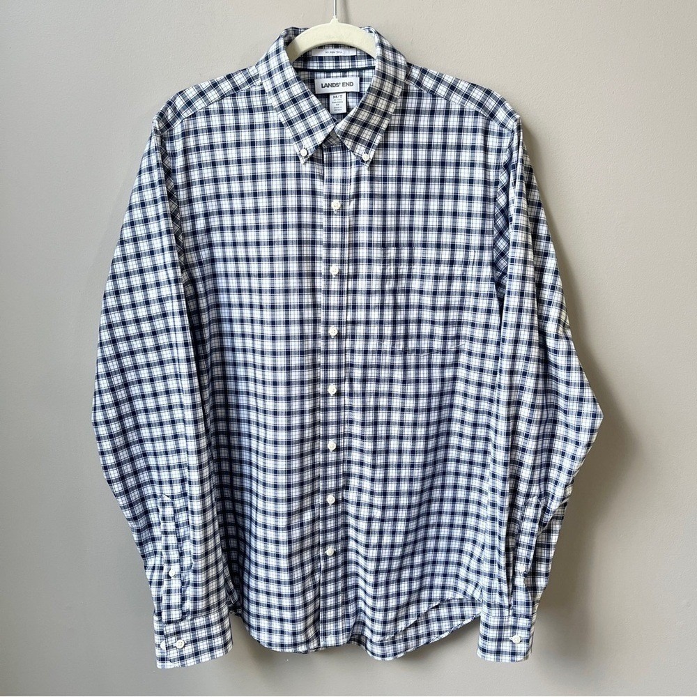 Lands' End Button Down Shirt Men's Medium Tall Plaid 100% Cotton No Iron Twill